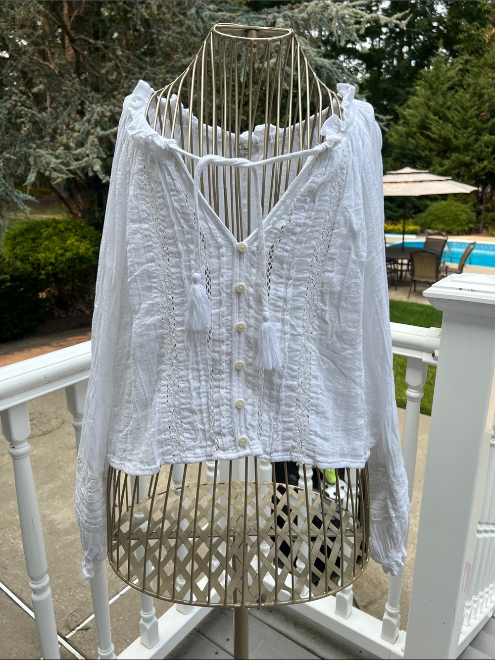 American Eagle Outfitters White Textured Peasant Blouse with Tassel Tie